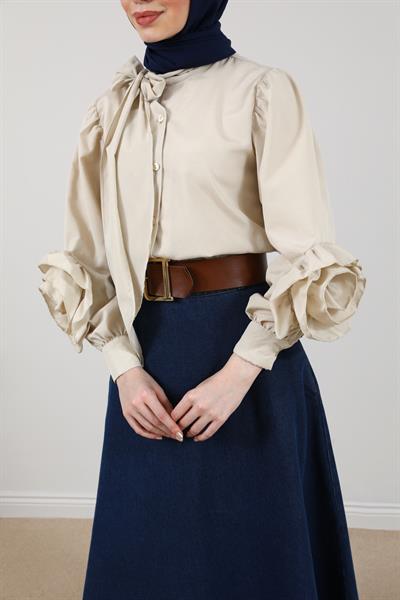 Yaka Bağlamalı Gömlek - Krem