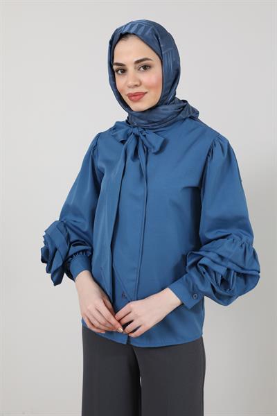 Yaka Bağlamalı Gömlek - Mavi