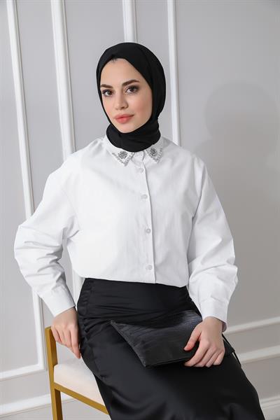Yaka Taşlı Gömlek - Beyaz
