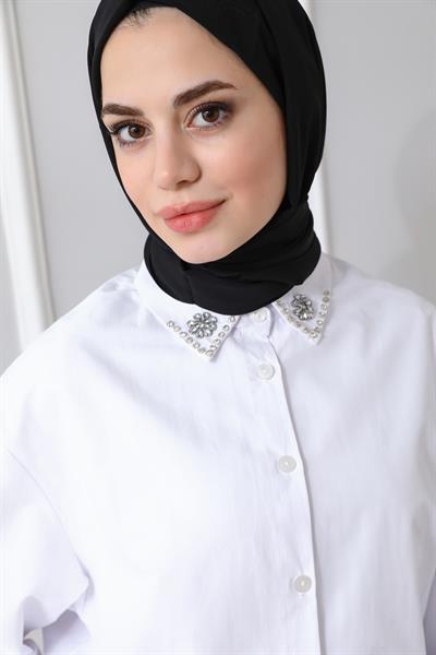 Yaka Taşlı Gömlek - Beyaz