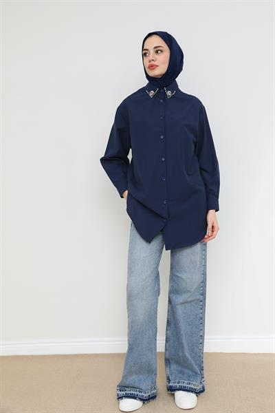 Yaka Taşlı Gömlek - Lacivert