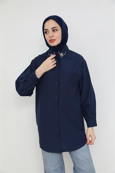 Yaka Taşlı Gömlek - Lacivert