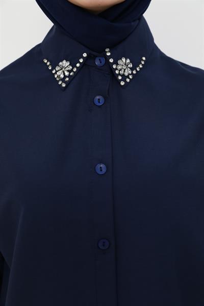 Yaka Taşlı Gömlek - Lacivert