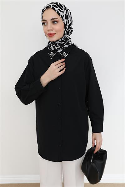 Yaka Taşlı Gömlek - Siyah