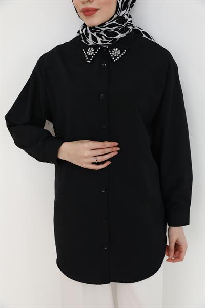 Yaka Taşlı Gömlek - Siyah