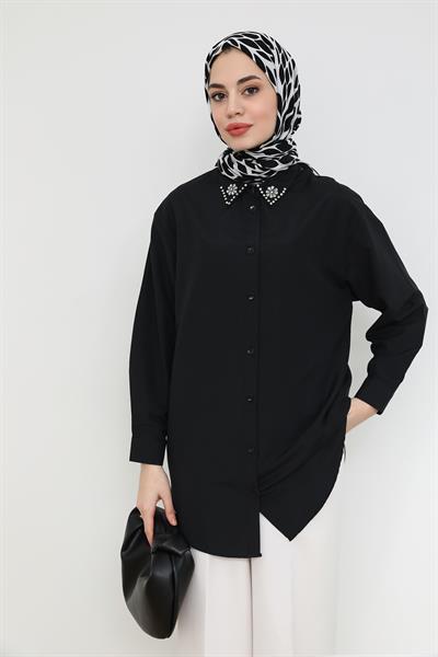 Yaka Taşlı Gömlek - Siyah