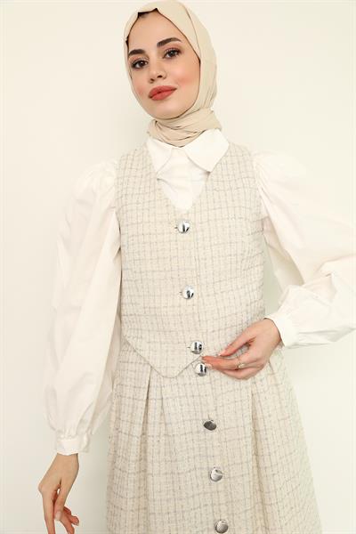 Yelekli Tüvit Takım - Ekru