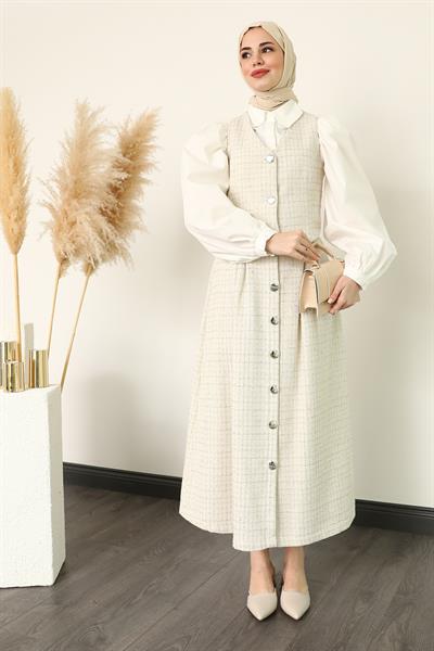 Yelekli Tüvit Takım - Ekru