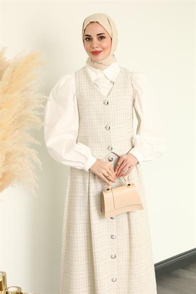 Yelekli Tüvit Takım - Ekru