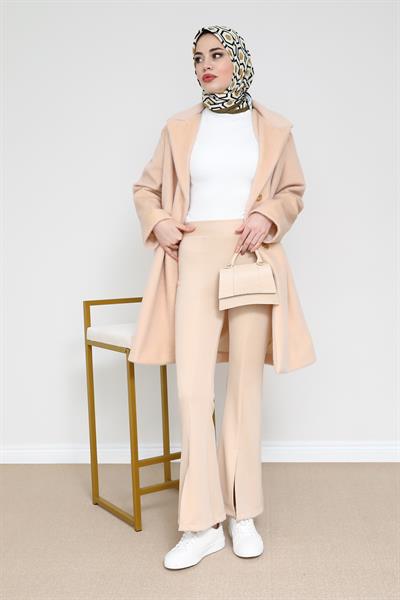 Yırtmaçlı İspanyol Paça Pantolon - Krem