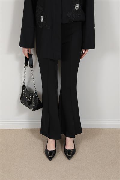 Yırtmaçlı İspanyol Paça Pantolon - Siyah