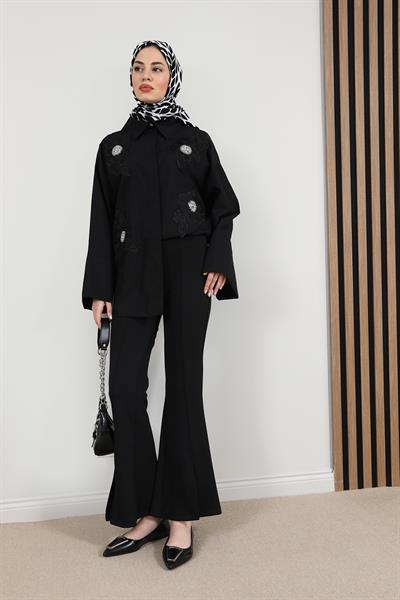 Yırtmaçlı İspanyol Paça Pantolon - Siyah