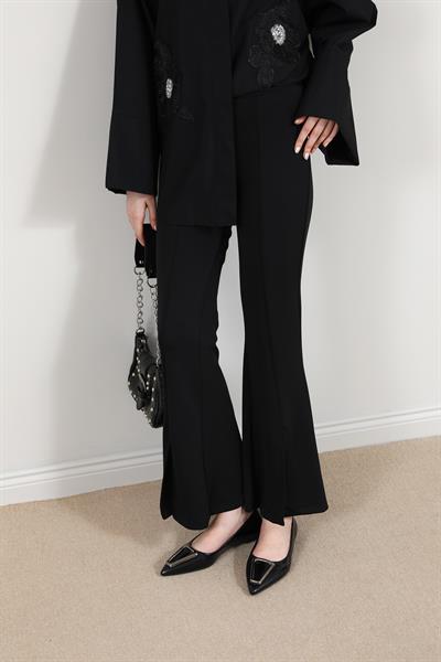 Yırtmaçlı İspanyol Paça Pantolon - Siyah