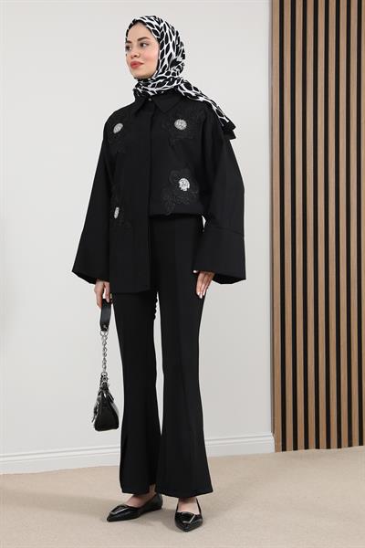 Yırtmaçlı İspanyol Paça Pantolon - Siyah