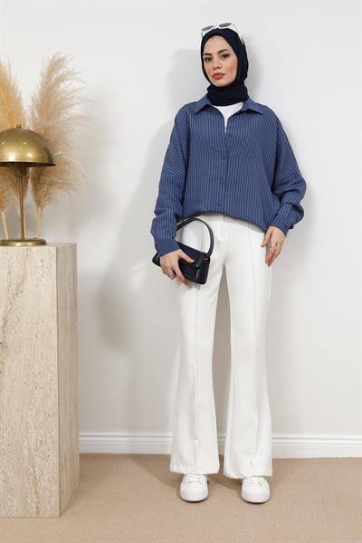 Yüksek Bel İspanyol Paça Pantolon - Beyaz