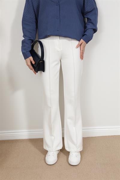 Yüksek Bel İspanyol Paça Pantolon - Beyaz