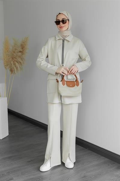 Zımbalı Eşofman Takımı - Krem