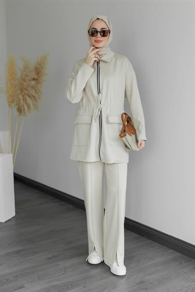 Zımbalı Eşofman Takımı - Krem