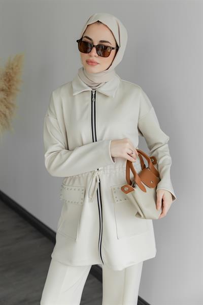 Zımbalı Eşofman Takımı - Krem