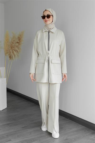 Zımbalı Eşofman Takımı - Krem