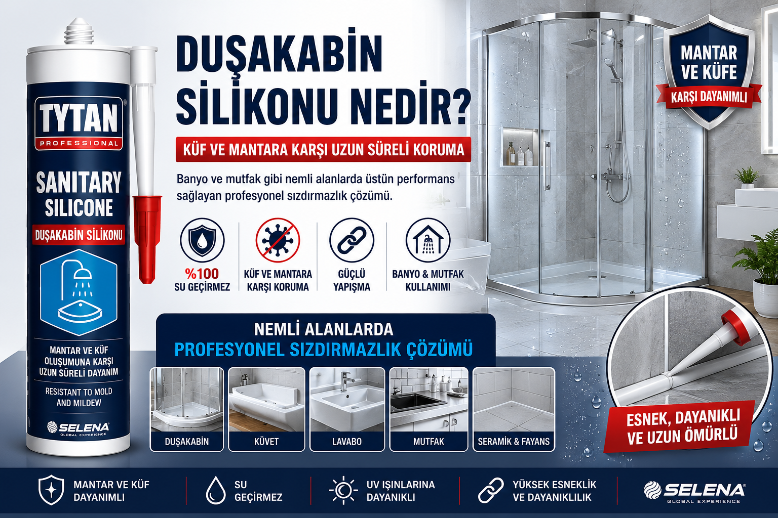 Tytan Professional duşakabin silikonu küf ve mantara karşı dayanıklı banyo ve mutfak silikon uygulaması