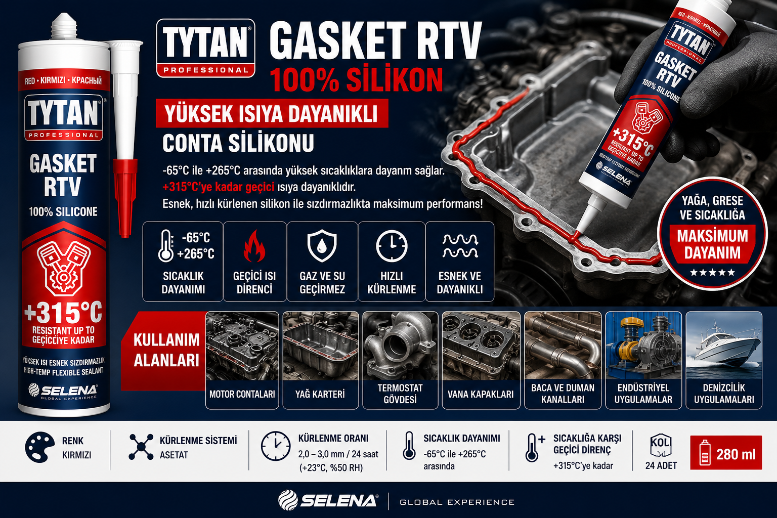 Tytan Gasket RTV 100 Silikon Yüksek Isıya Dayanıklı Conta Silikonu