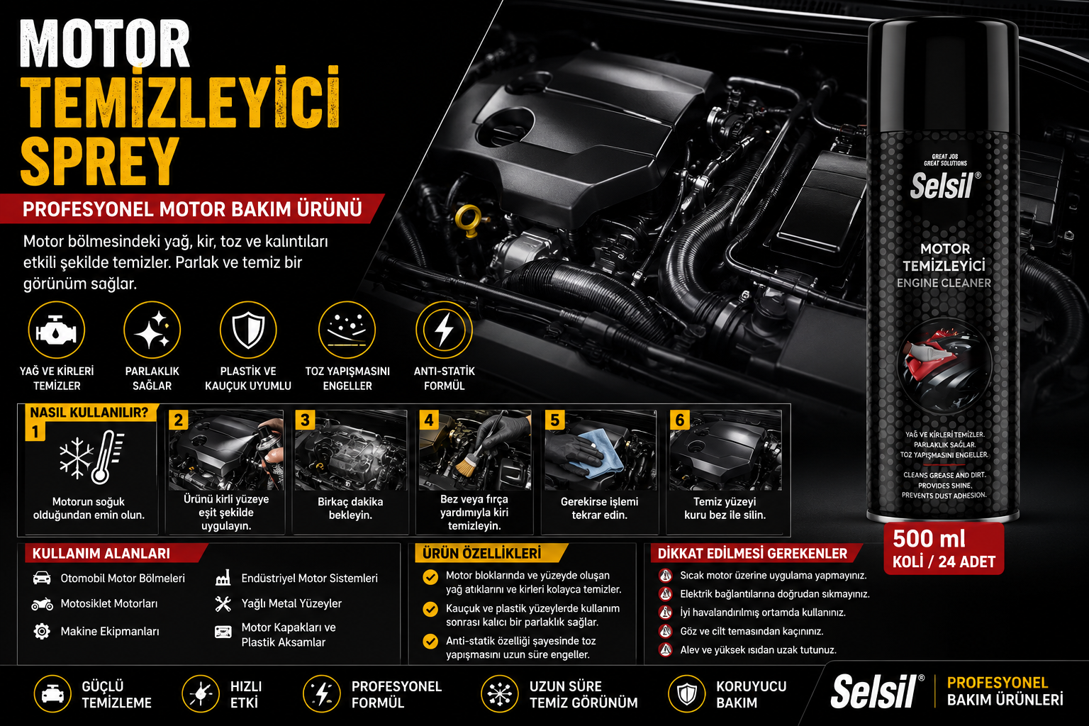 Selsil Motor Temizleyici Sprey 500 ML Profesyonel Motor Bakım ve Yağ Temizleme Ürünü