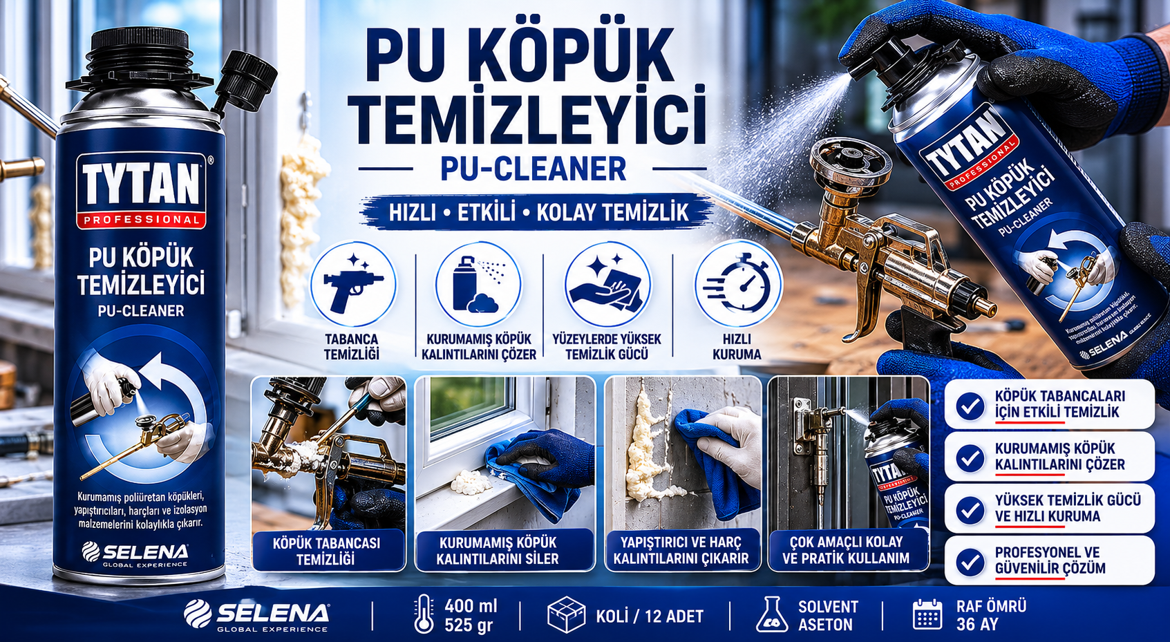 Tytan PU Köpük Temizleyici 400 ml Poliüretan Köpük ve Tabanca Temizleme Spreyi