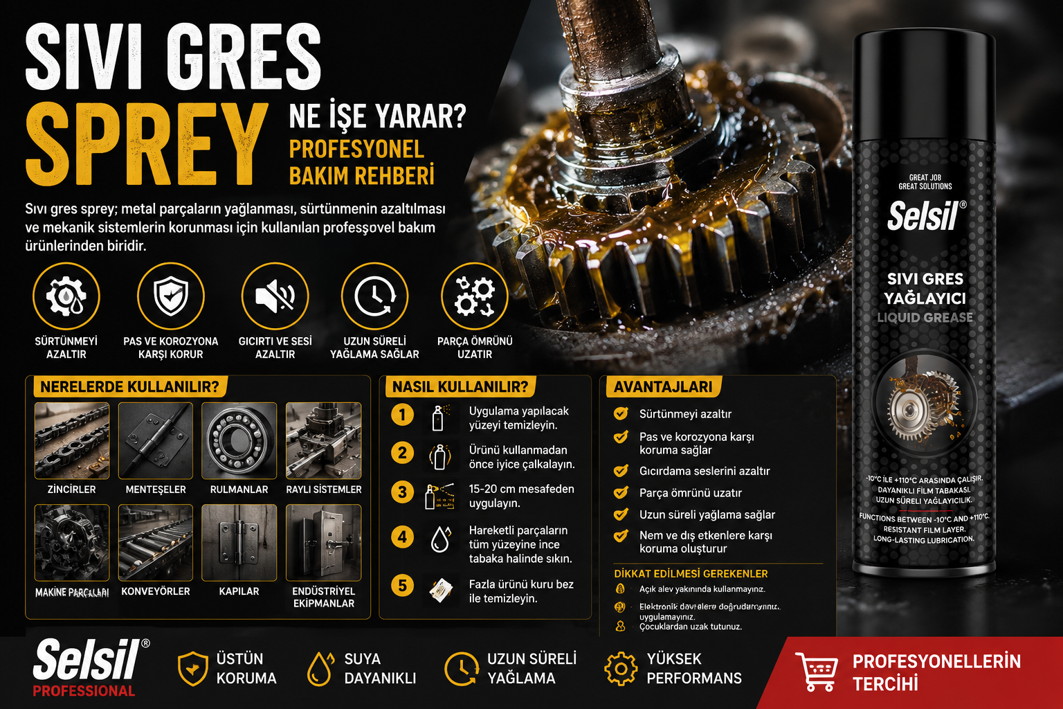 Selsil sıvı gres sprey profesyonel bakım ve yağlama uygulaması