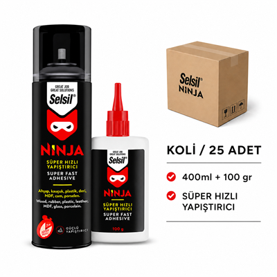 Selsil Ninja Süper Hızlı Yapıştırıcı | Aktivatorlü Güçlü YapıştırıcıSelsilSelsil 400 ML+100 GR Ninja Hızlı Yapıştırıcı--(25 Adet)SEL-NJ400-100