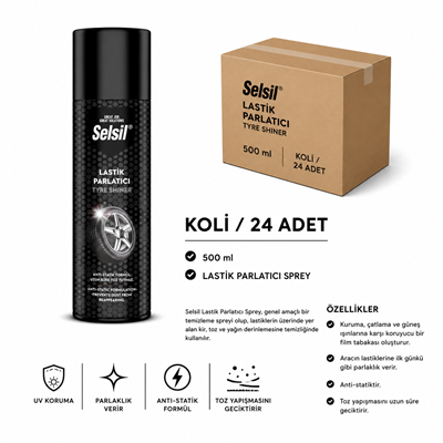 Selsil Lastik Parlatıcı Sprey 500 ml | Parlak ve Koruyucu EtkiSelsilSelsil Lastik Parlatıcı 500 ML--(24 Adet)SEL-LP500