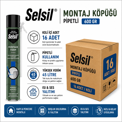 Selsil PU Montaj Köpüğü 600GR | Isı ve Ses Yalıtım KöpüğüSelsilSelsil Pu Montaj Köpüğü 600GR Pipetli--16'lı KoliPu-600
