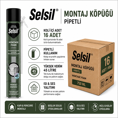 Selsil PU Montaj Köpüğü 750ML | Isı ve Ses Yalıtım KöpüğüSelsilSelsil Pu Montaj Köpüğü 750ML Pipetli-16'lı KoliPu-750