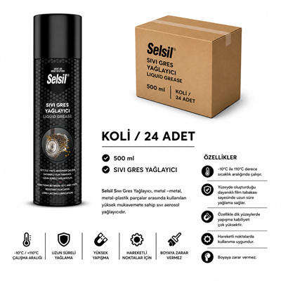 Selsil Sıvı Gres Yağlayıcı Sprey 500 ml | Yüksek Performanslı GresSelsilSelsil Sıvı Gres Yağlayıcı 500 ML--(24 Adet)SEL-SG500