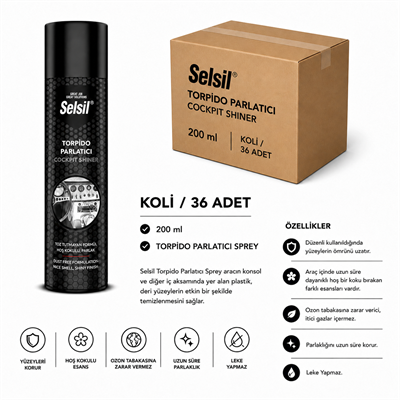 Selsil Torpido Parlatıcı Sprey 200 ml | Araç İçi Temizlik ve ParlaklıkSelsilSelsil Torpido Parlatıcı 200 ML--(36 Adet)SEL-TP200