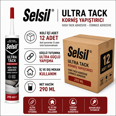 Selsil Ultra Tack No Nail Beyaz 290 ML | Güçlü Montaj YapıştırıcısıSelsilSelsil Ultra Tack (Korniş Yapıştırıcı)-290ML-12'li Koli -SEL-Ultra