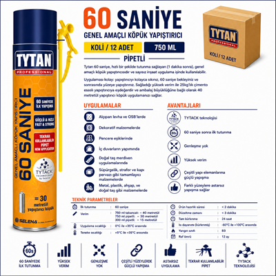 Tytan 60 Saniye PU Yapıştırma Köpüğü 750 ML – Hızlı Güçlü YapışmaTytanTytan 60 Saniye Genel Amaçlı Köpük Yapıştırıcı Pipetli 750ML-(12 Adet)TYT-60S-STR-870