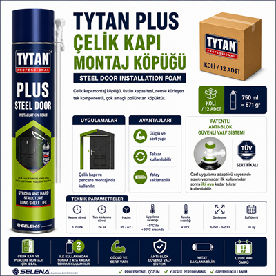Tytan Çelik Kapı Montaj Köpüğü 870 GR – Güçlü ve Tekrar KullanılabilirTytanTytan Plus Çelik Kapı Montaj Köpüğü 870GR-(12 Adet)TYT-PLUS-DOOR-880