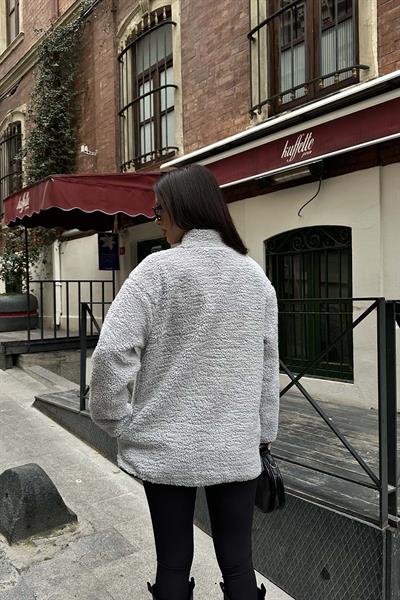Gri Kadın Peluş Düğmeli Oversize Ceket – Yumuşak Dokulu MLB134 