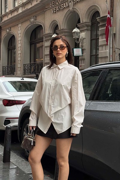 Kadın Bej Oversize Modal Gömlek – Minimal Şıklık MLB178