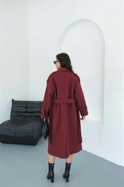 Kadın Bordo Bağlama Detaylı  Astarlı Kaşe Kaban