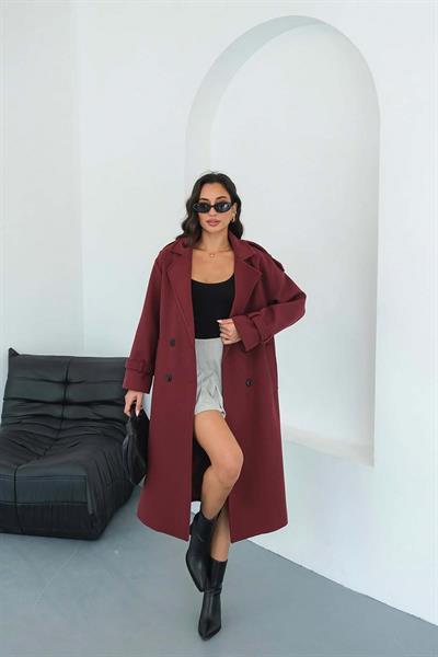 Kadın Bordo Bağlama Detaylı  Astarlı Kaşe Kaban