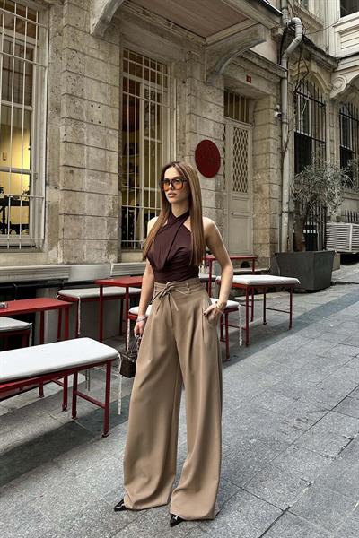 Kadın Camel Yüksek Bel Kuşaklı Bol Paça Palazzo Pantolon MLB145
