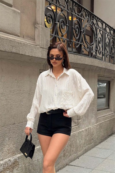 Kadın Ekru Oversize Gömlek Salaş Kesim Şık Günlük Gömlek