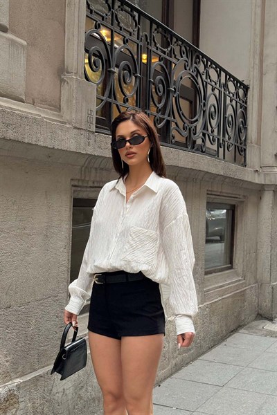 Kadın Ekru Oversize Gömlek Salaş Kesim Şık Günlük Gömlek