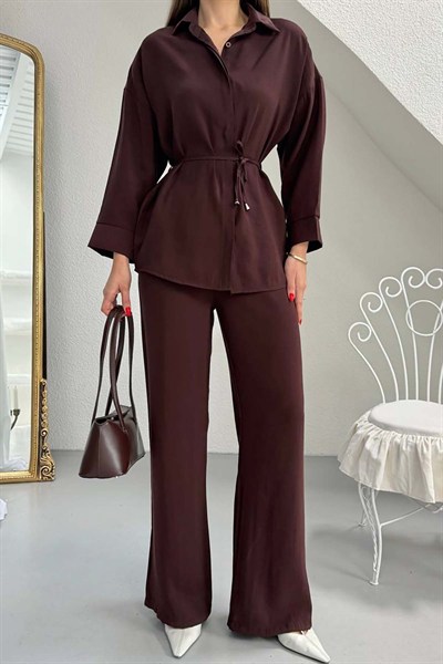 Kadın Kahve Dokuma Modal Kumaş Beli Bağlamalı Gömlek Pantolon Takım MLB154