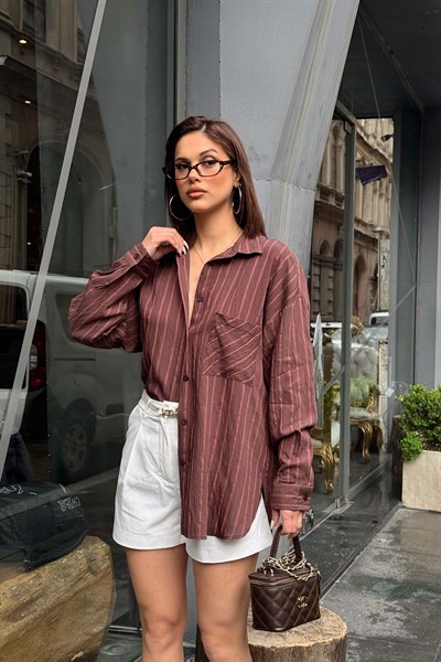 Kadın Kahverengi Oversize Gömlek Salaş Kesim Şık Günlük Gömlek