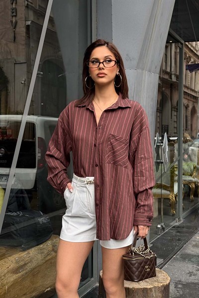 Kadın Kahverengi Oversize Gömlek Salaş Kesim Şık Günlük Gömlek