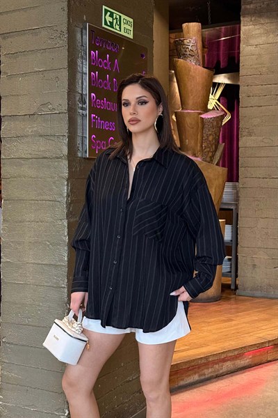 Kadın Siyah Oversize Gömlek Salaş Kesim Şık Günlük Gömlek