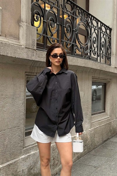 Kadın Siyah Oversize Modal Gömlek – Minimal Şıklık MLB178